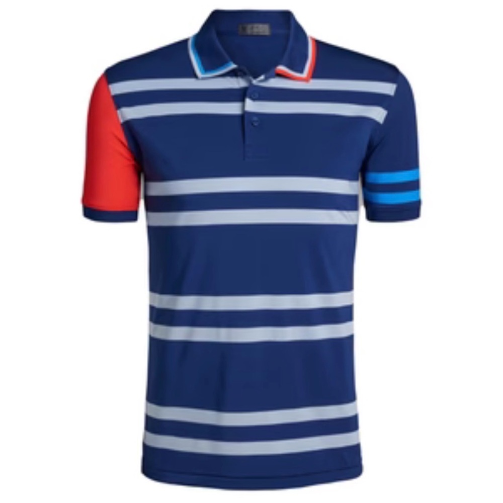 G/FORE Navy Blue Striped Polo with Red and Light Blue Accents